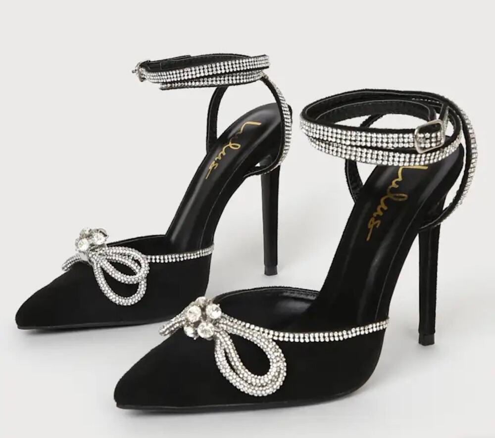 NWOT Lulus Lullie Black Rhinestone Bow Ankle Wrap Stiletto Heels Pumps Glam, 8